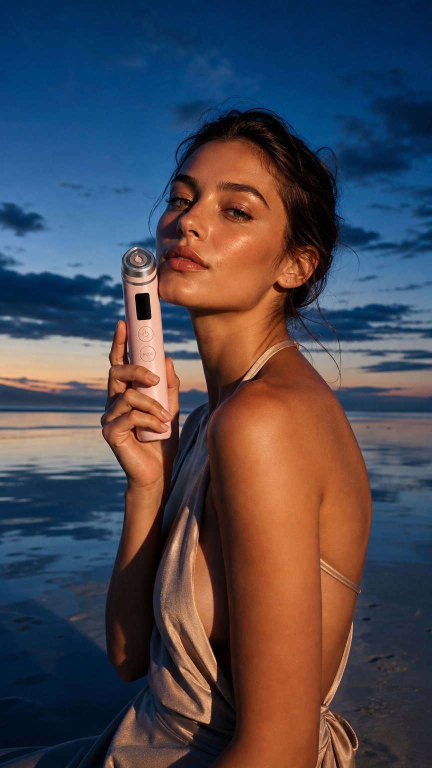 AI product shot of N°01 Skin Device + Complimentary Pink Glow Ritual Set