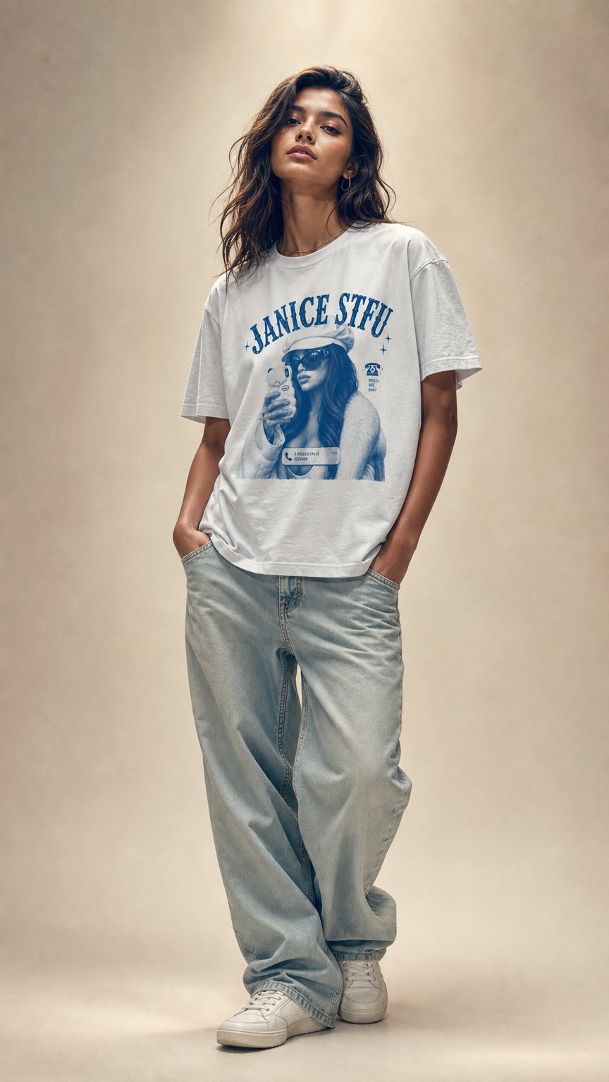 AI product shot of Janice STFU Shirt - Heavyweight Vintage Wash Tee - Drake Graphic T-Shirt - Iceman Inspired Streetwear - Oversized Boxy Fit Tee