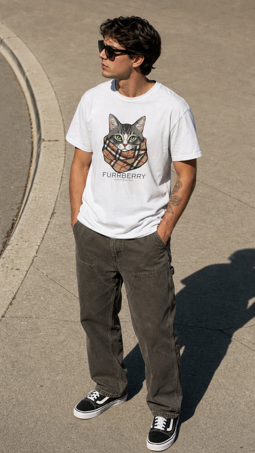 AI product shot of Furrberry Cat Tee - Parody Cat Wearing Plaid Scarf Graphic T-Shirt