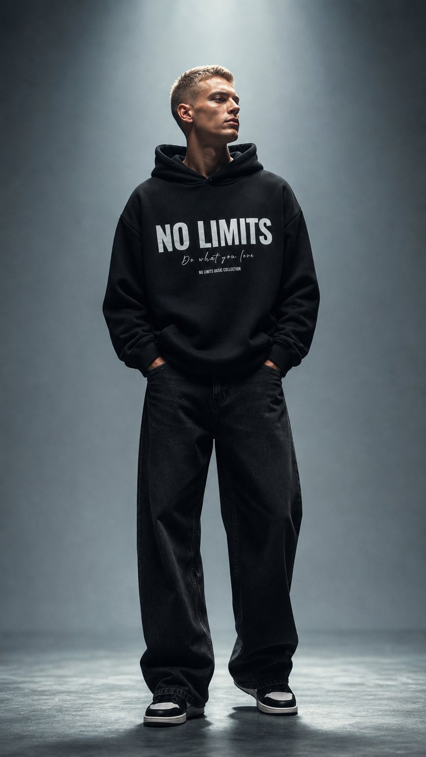 AI product shot of NOLIMITS BASIC HOODIE WHITE PRINT