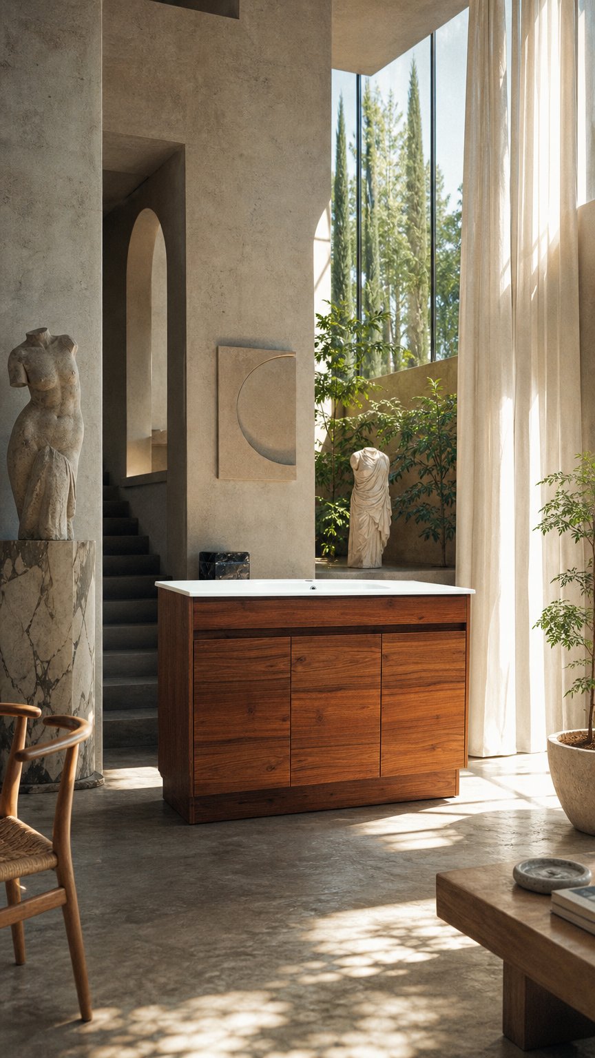 AI product shot of Clarke Walnut 1200 Floor Mount Timber Laminate Vanity