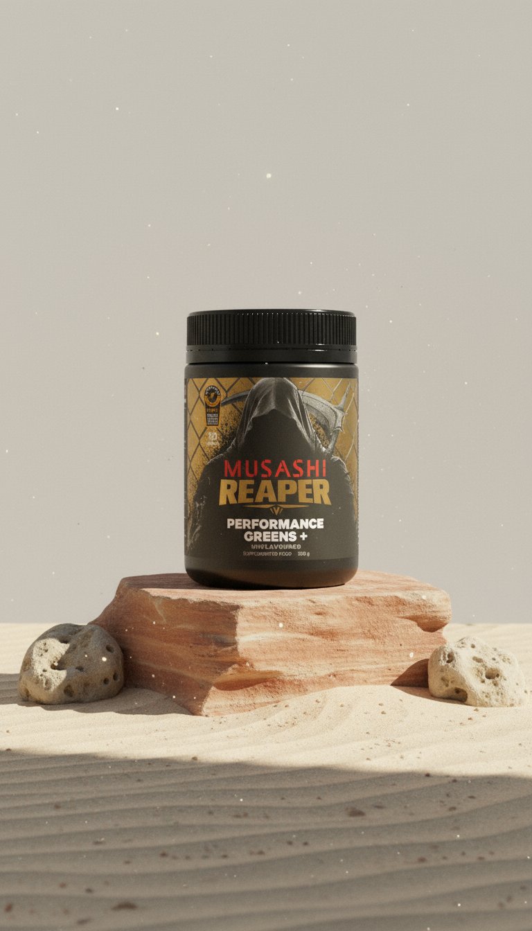 AI product shot of REAPER PERFORMANCE GREENS+ UNFLAVOURED OR FLAVOURED 300g