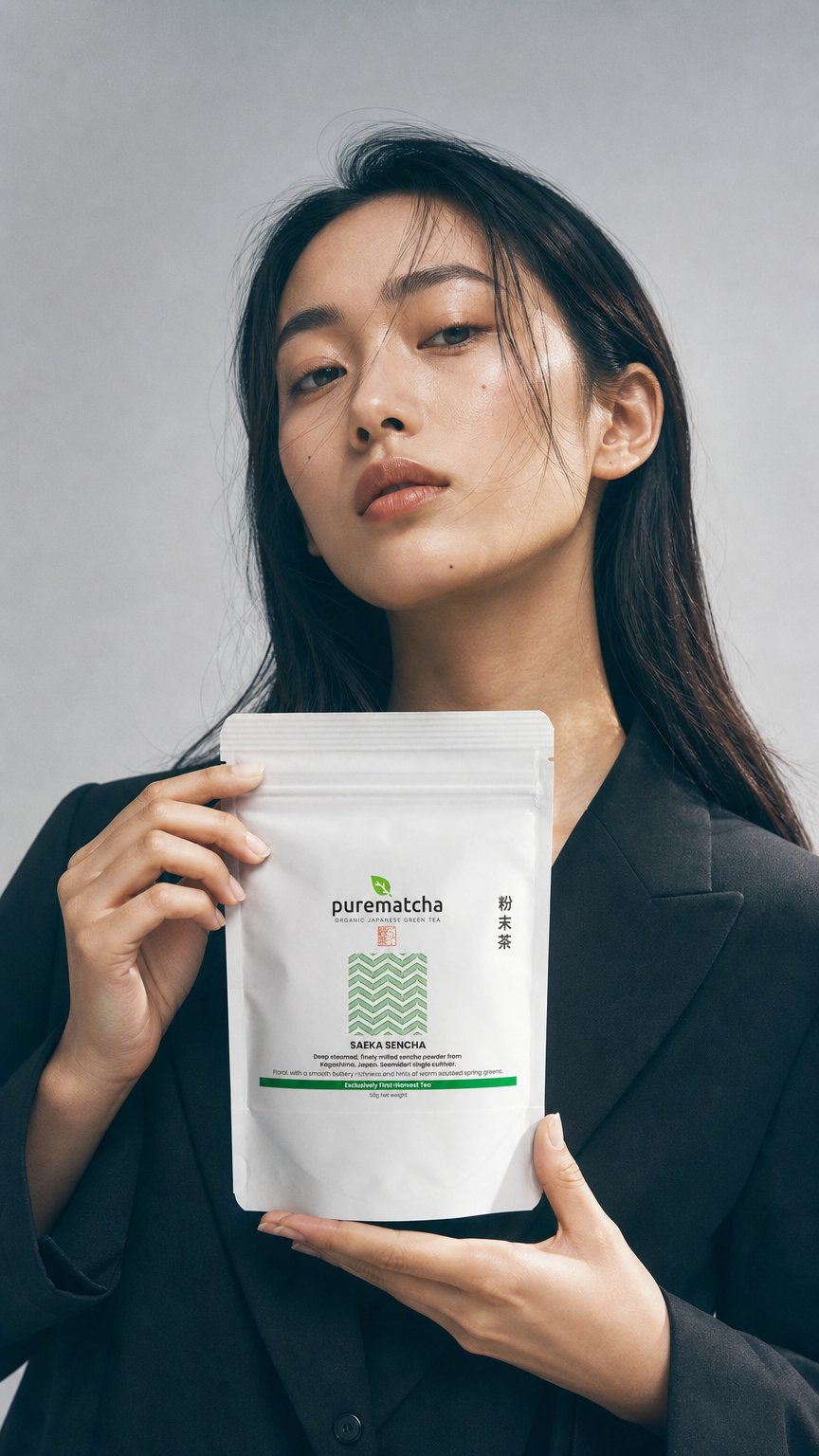 AI product shot of SAEKA Organic Deep Steamed Sencha Powder (Saemidori Cultivar)