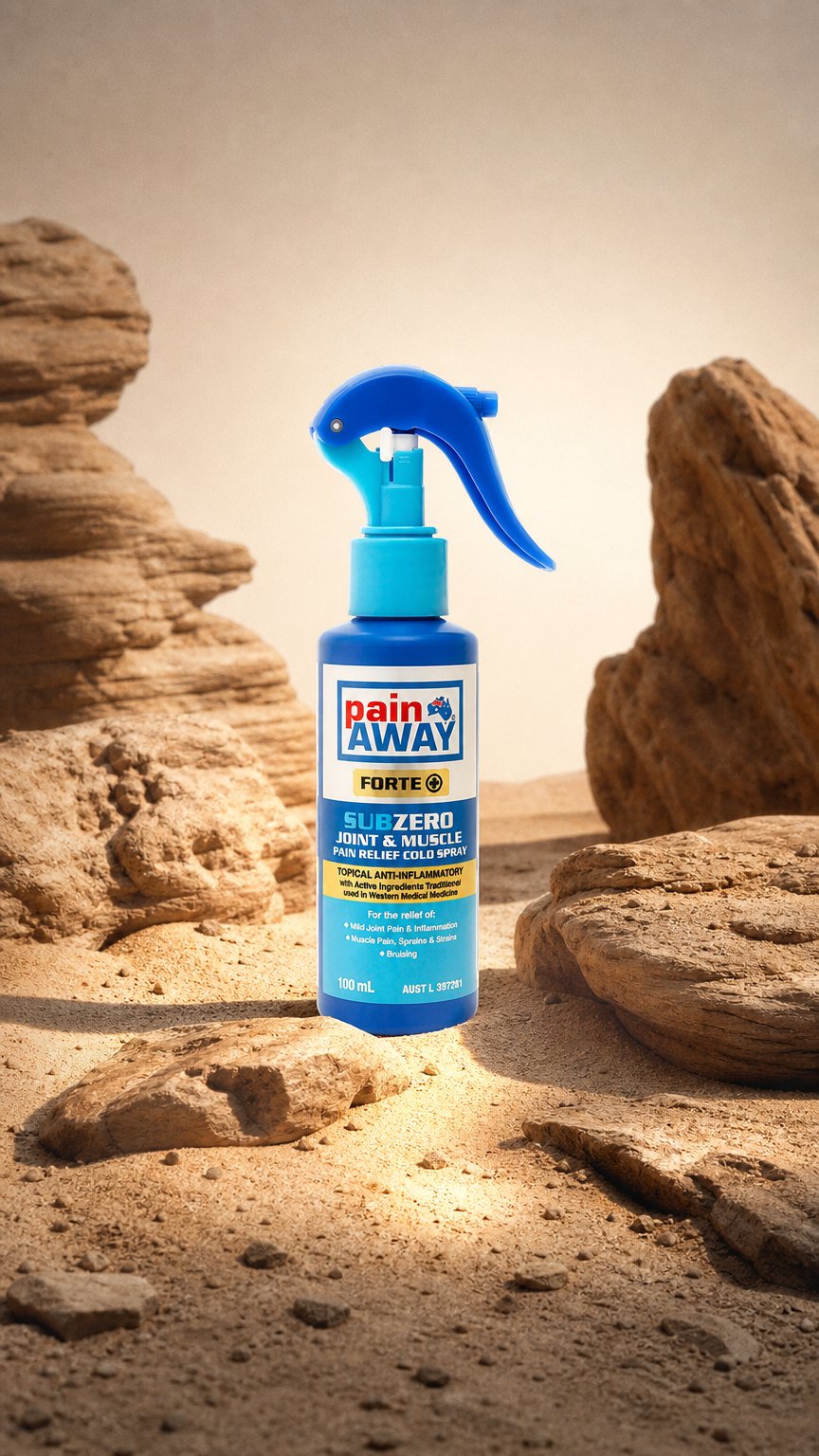 AI product shot of SubZero Forte+ Joint & Muscle Pain Relief Spray 100ml