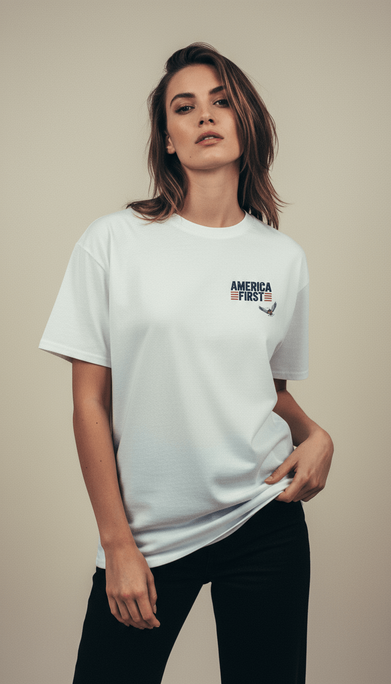 AI product shot of America First - Land of the Free T-Shirt | Patriotic USA Cotton Tee