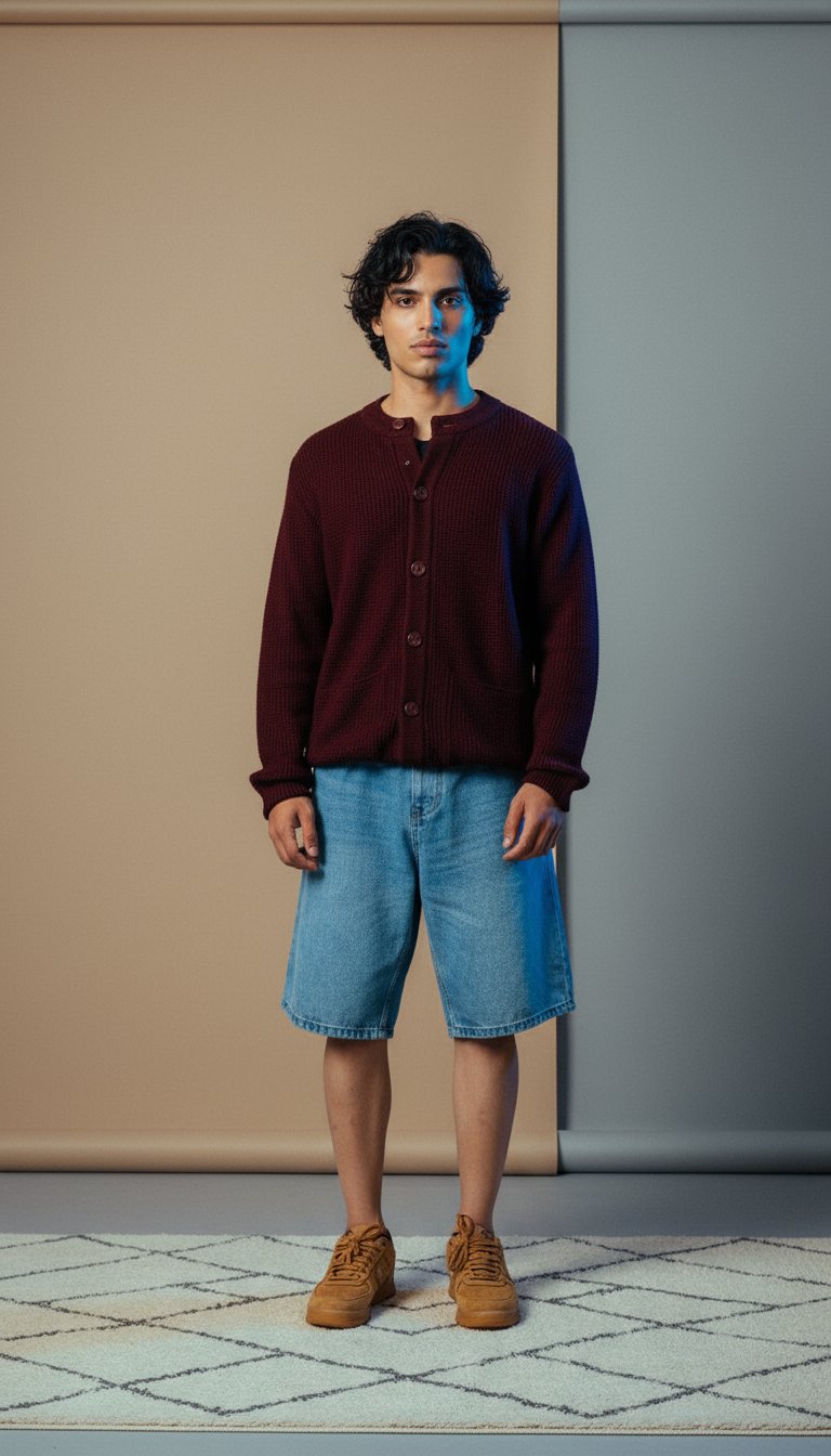 AI product shot of Rib-Knit Cardigan Jumper in Maroon