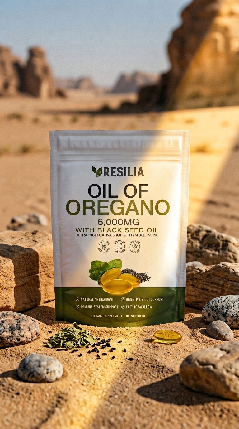 AI product shot of Resilia® Oil of Oregano + Black Seed Oil