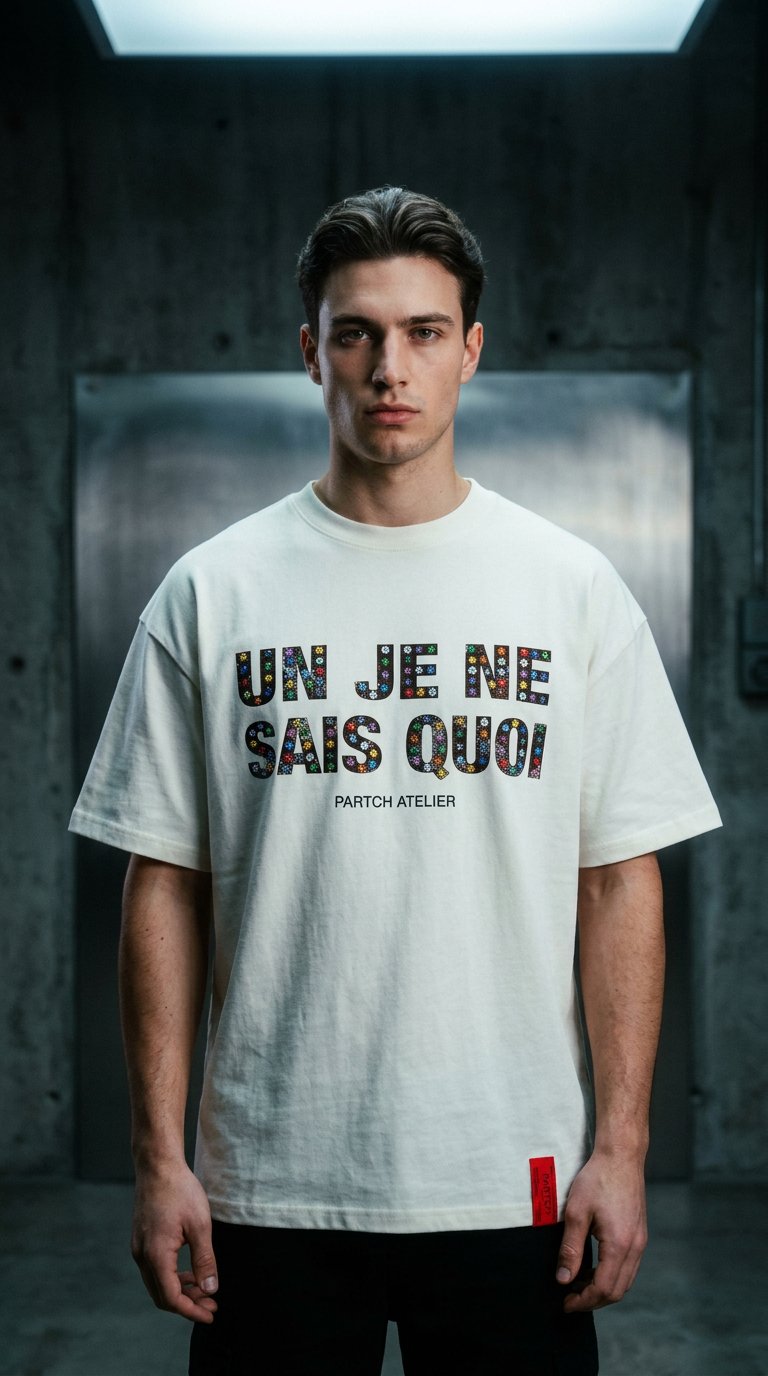 AI product shot of PARTCH Un Je Ne Sais Quoi Crystal Oversized T-Shirt Cream | Limited Edition