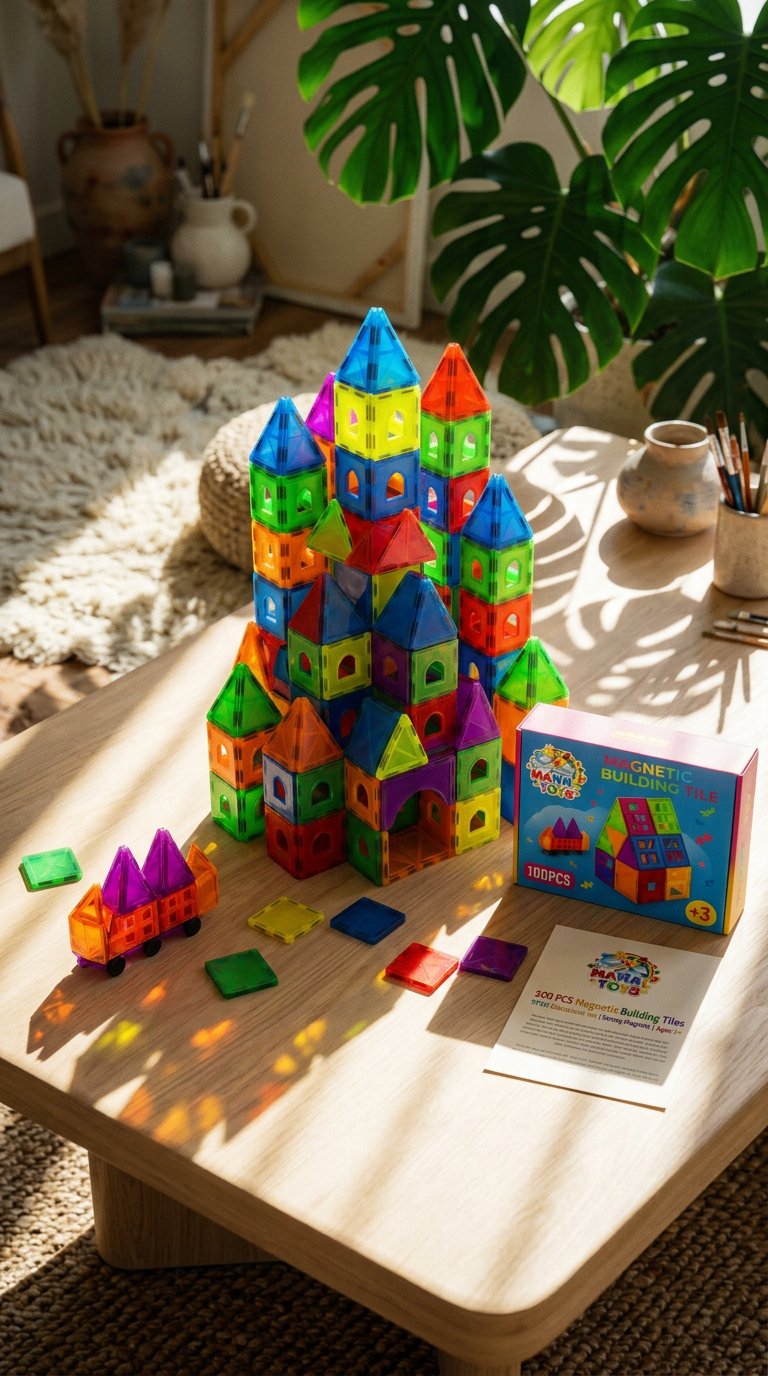 AI product shot of Magnetic Tiles 100 PCS Set for Kids | STEM Learning Building Blocks | Strong Magnets | Educational Toy Ages 3+ Boys & Girls | With Gift Bag