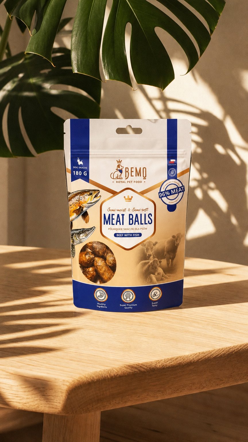 AI product shot of BEMO Meat Balls Beef With Fish - półmiękkie smaczki dla psa, wołowina z rybą, 180g