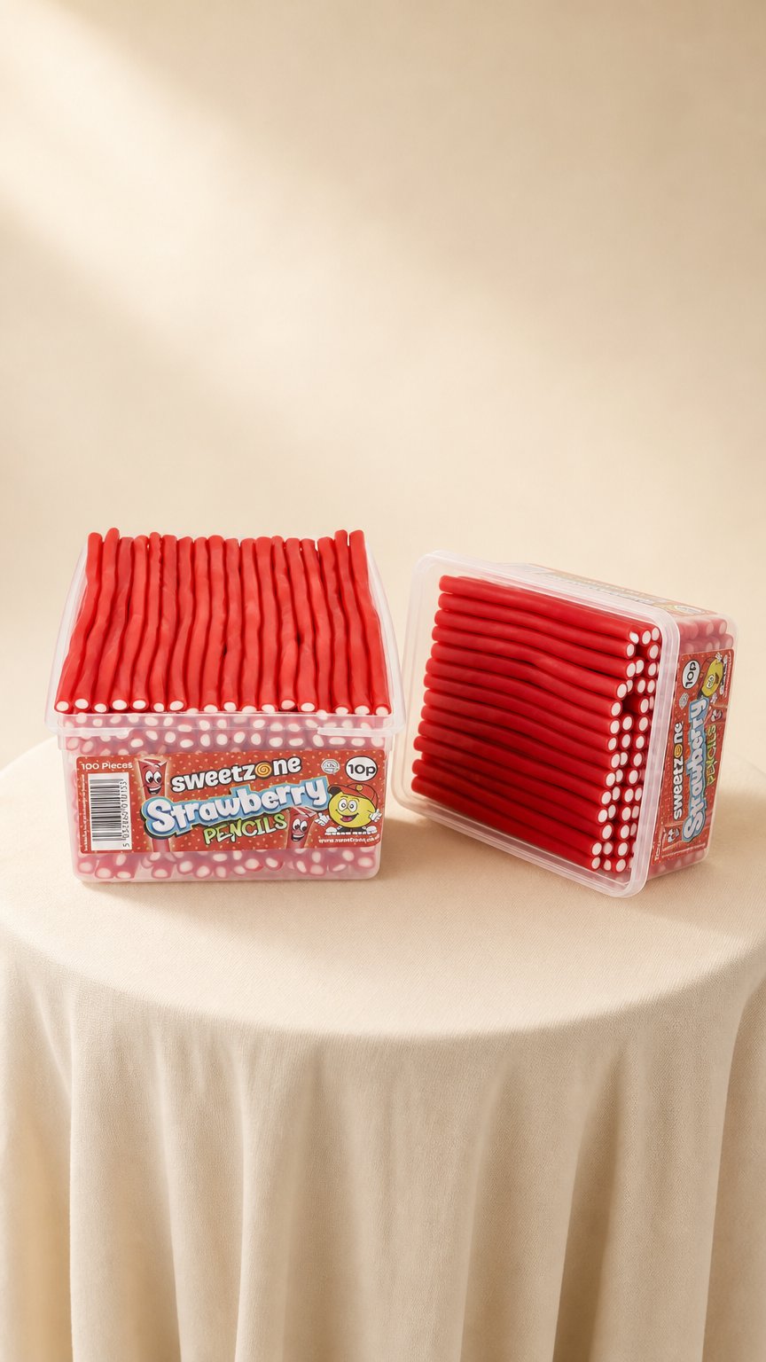 AI product shot of Sweetzone Strawberry Pencils 1.1kg Tub of 100 HMC Certified Halal VEGETARIAN