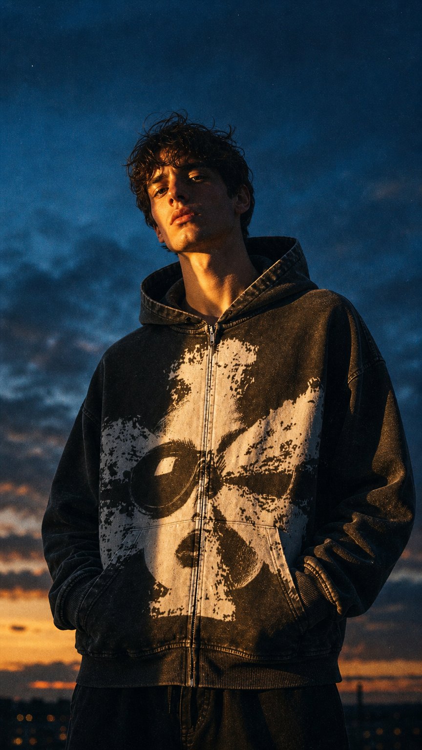 AI product shot of Flower Lady 440GSM Double-zip Hoodie
