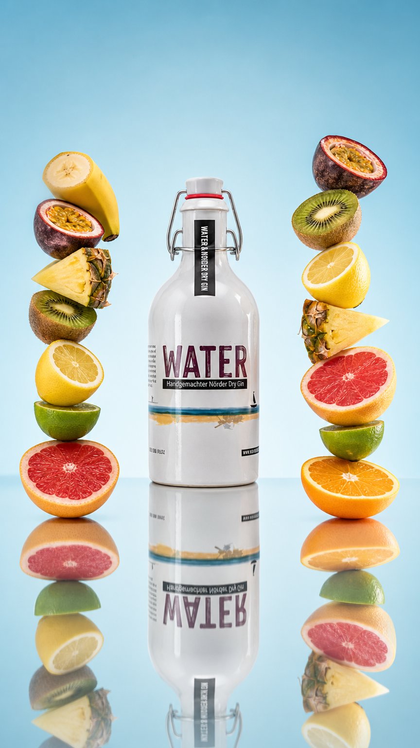 AI product shot of WATER Nörder Dry Gin