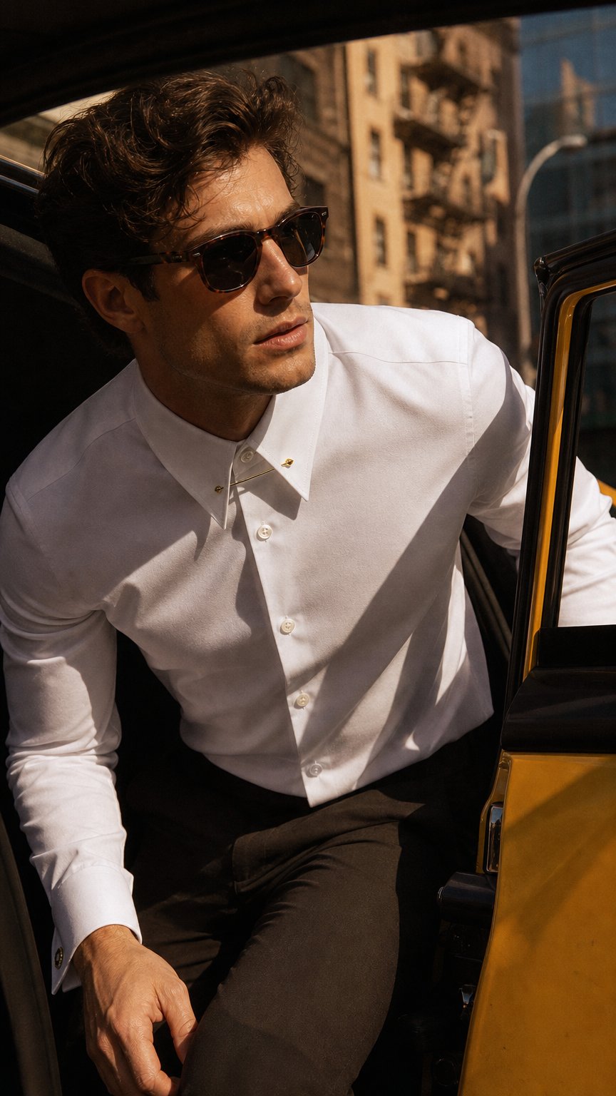 AI product shot of Mens Collar Bar White Dress Shirt in Luxury Giza 100 % Cotton | Panache Bespoke