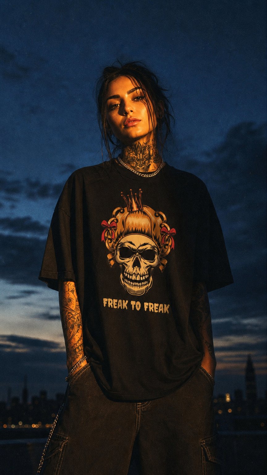 AI product shot of FREAK SKULL QUEEN - Premium Organic Oversize Blast - limited to 100 pieces