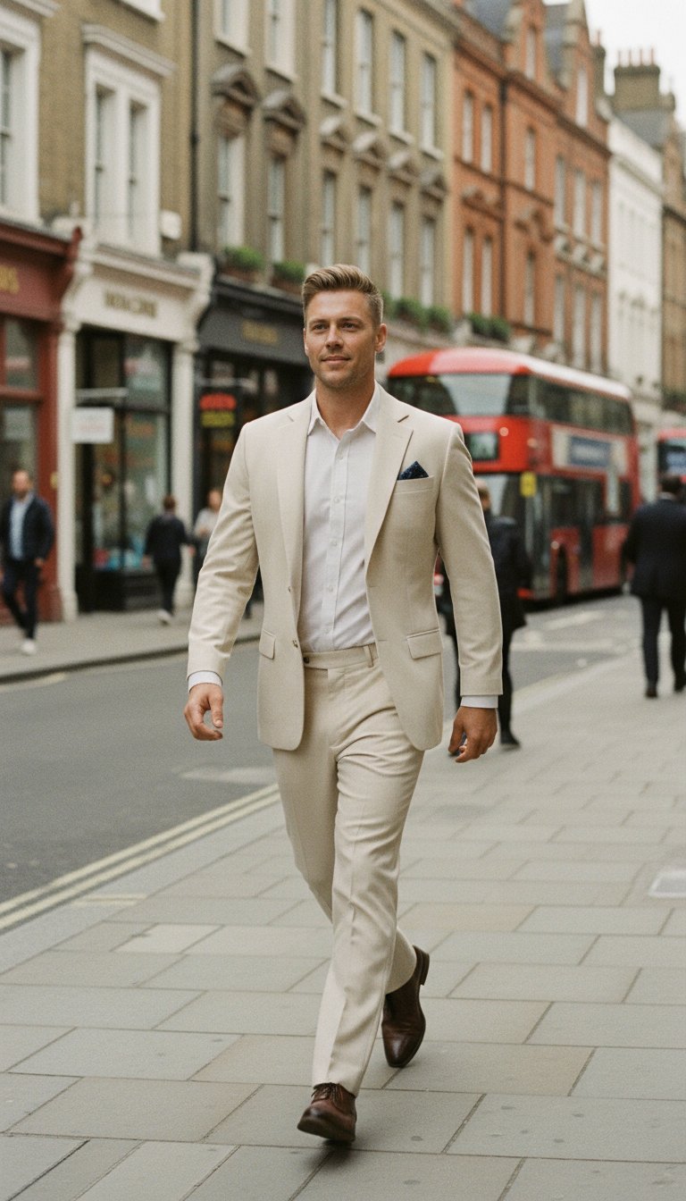 AI product shot of Astor Sand Linen Blend Suit