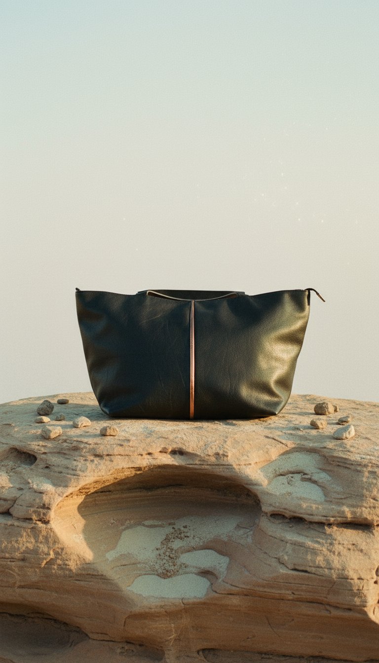 AI product shot of XL Leder Shopper schwarz bronze "Trape"