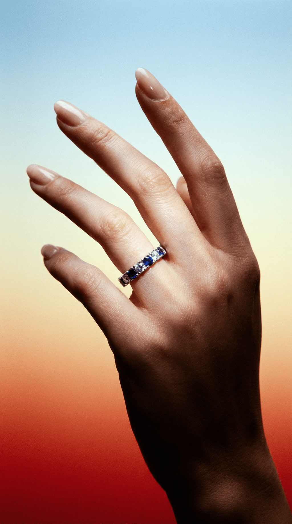 AI product shot of Bague Éternité Argent 925 Rhodié Corindon Bleu Oxydes de Zirconium