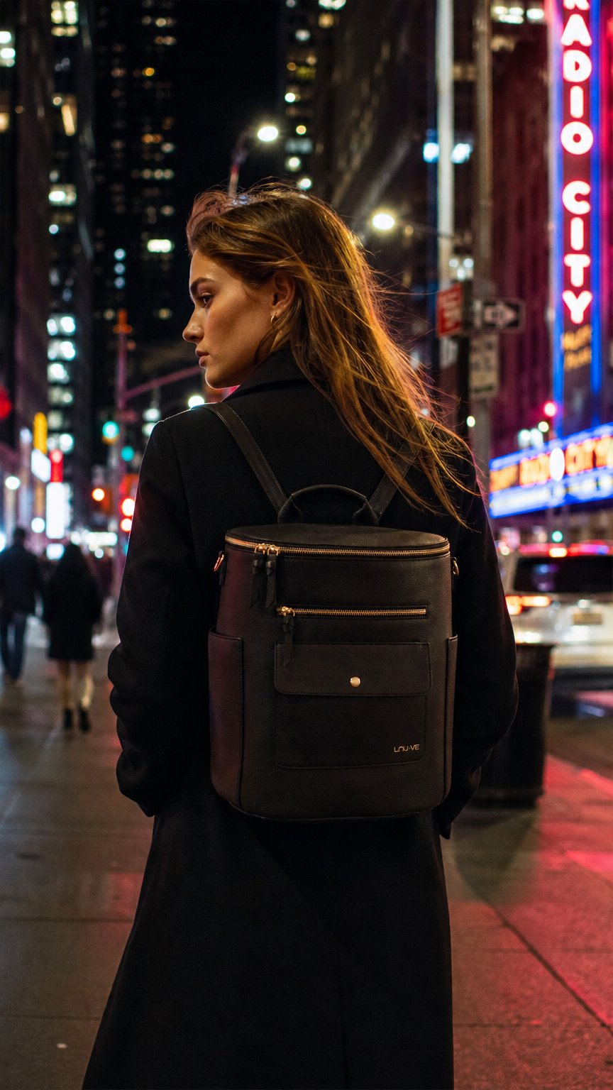 AI product shot of Sac à langer noir intemporel - L’Iconique
