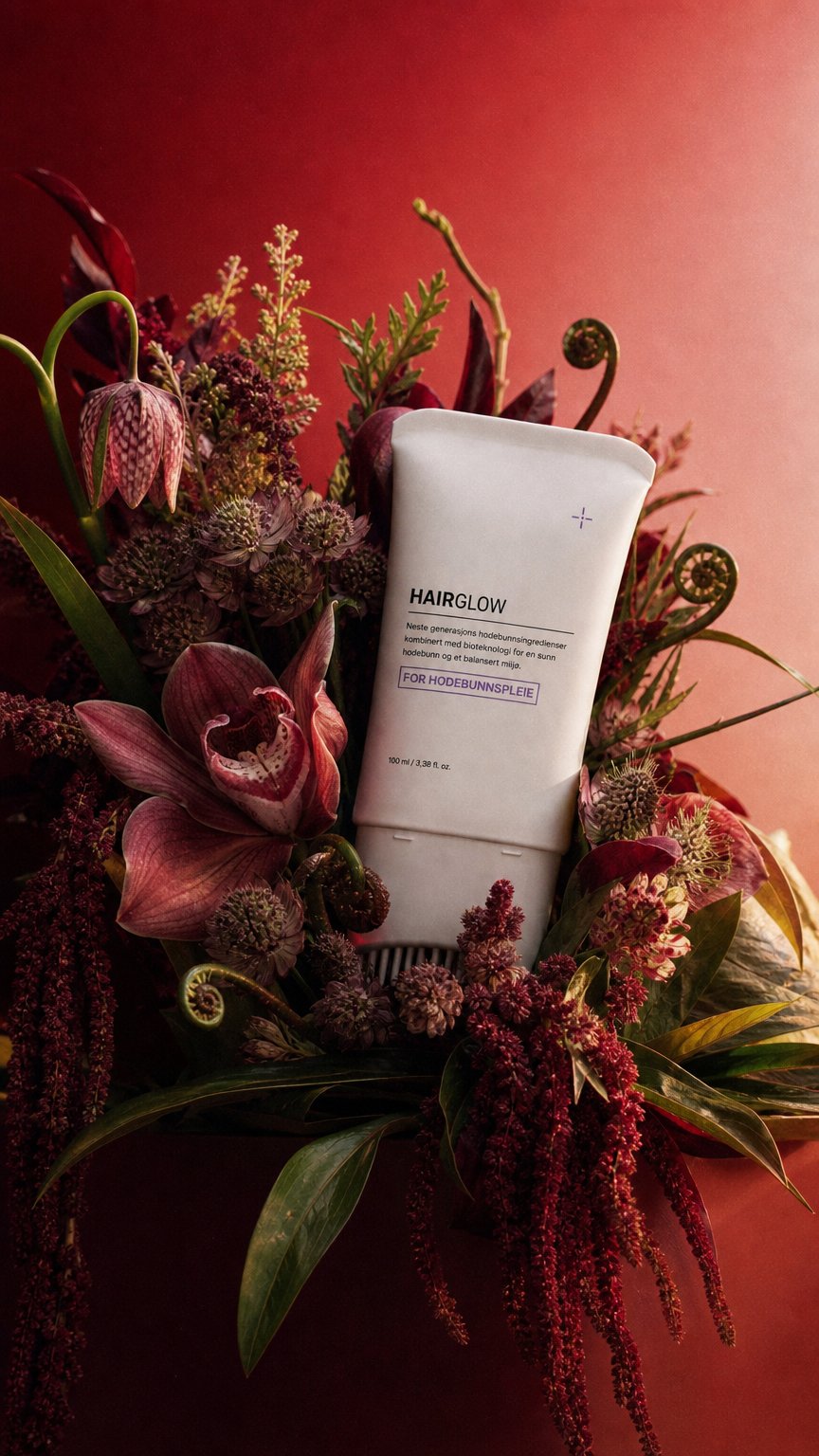 AI product shot of HairGlow — Tettere hår uten kjemikalier