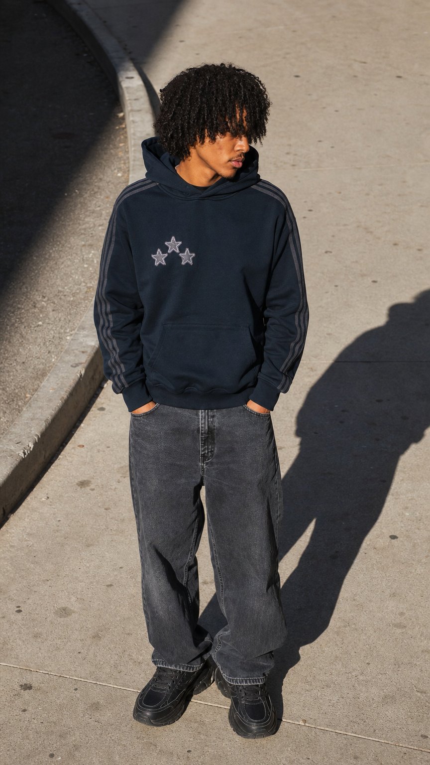 AI product shot of 3 stars black hoodie