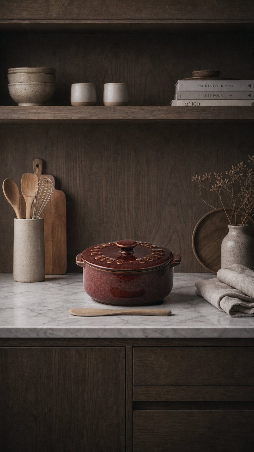 AI product shot of Loire Ceramic Brie Baker Burgundy
