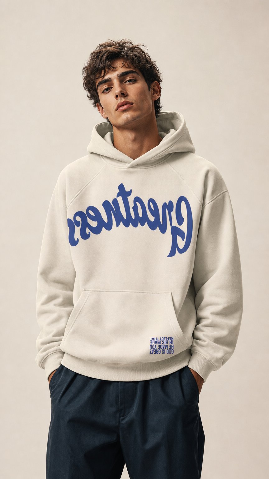 AI product shot of Reflect Greatness, cream and navy