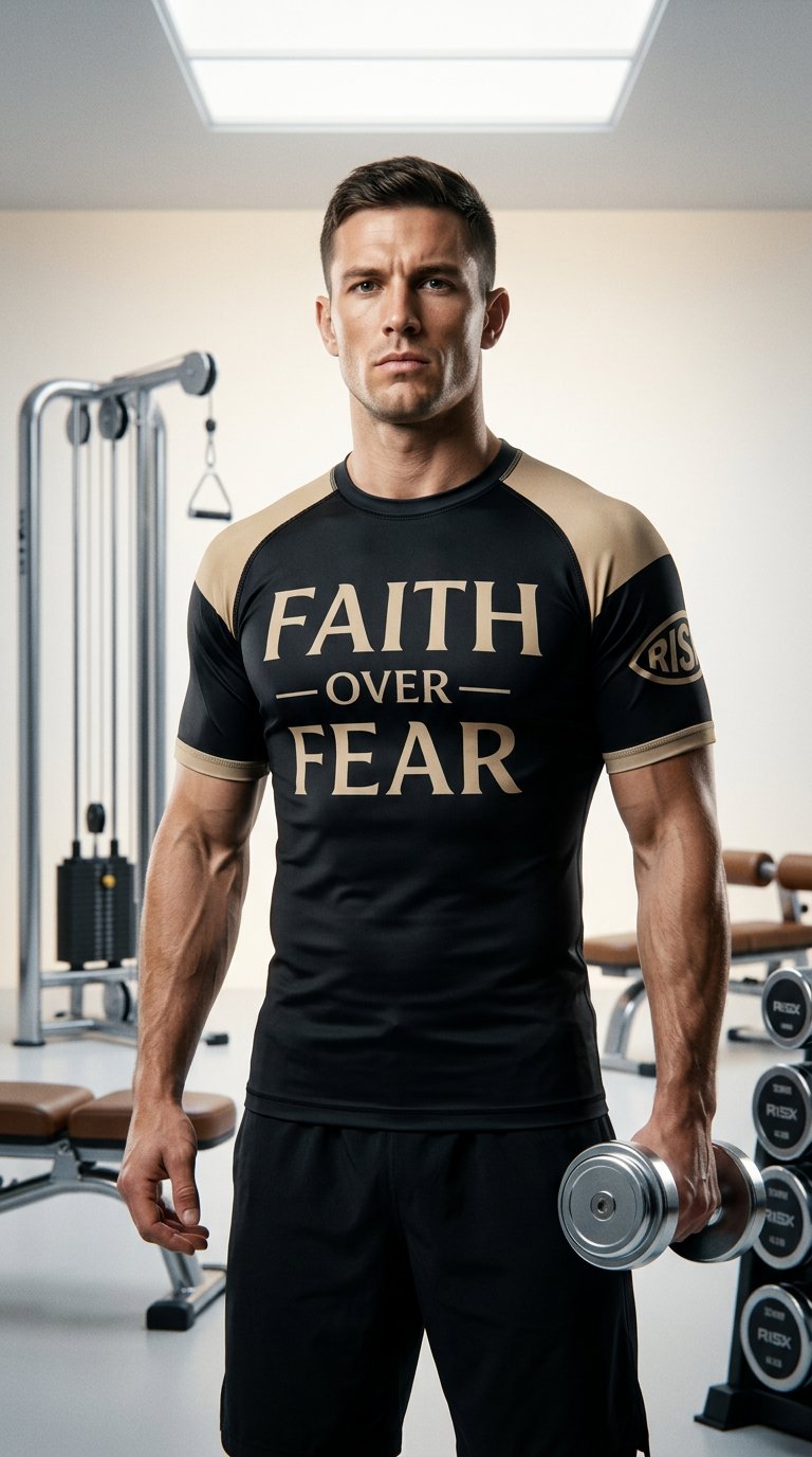 AI product shot of Risen Faith Over Fear MMA Rashguard