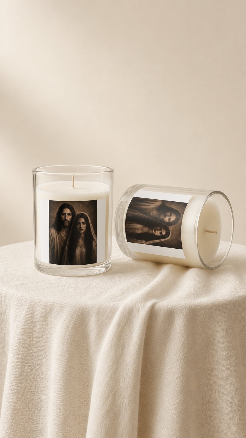 AI product shot of Christ & Matry Magdalene Glass Candle — 11oz