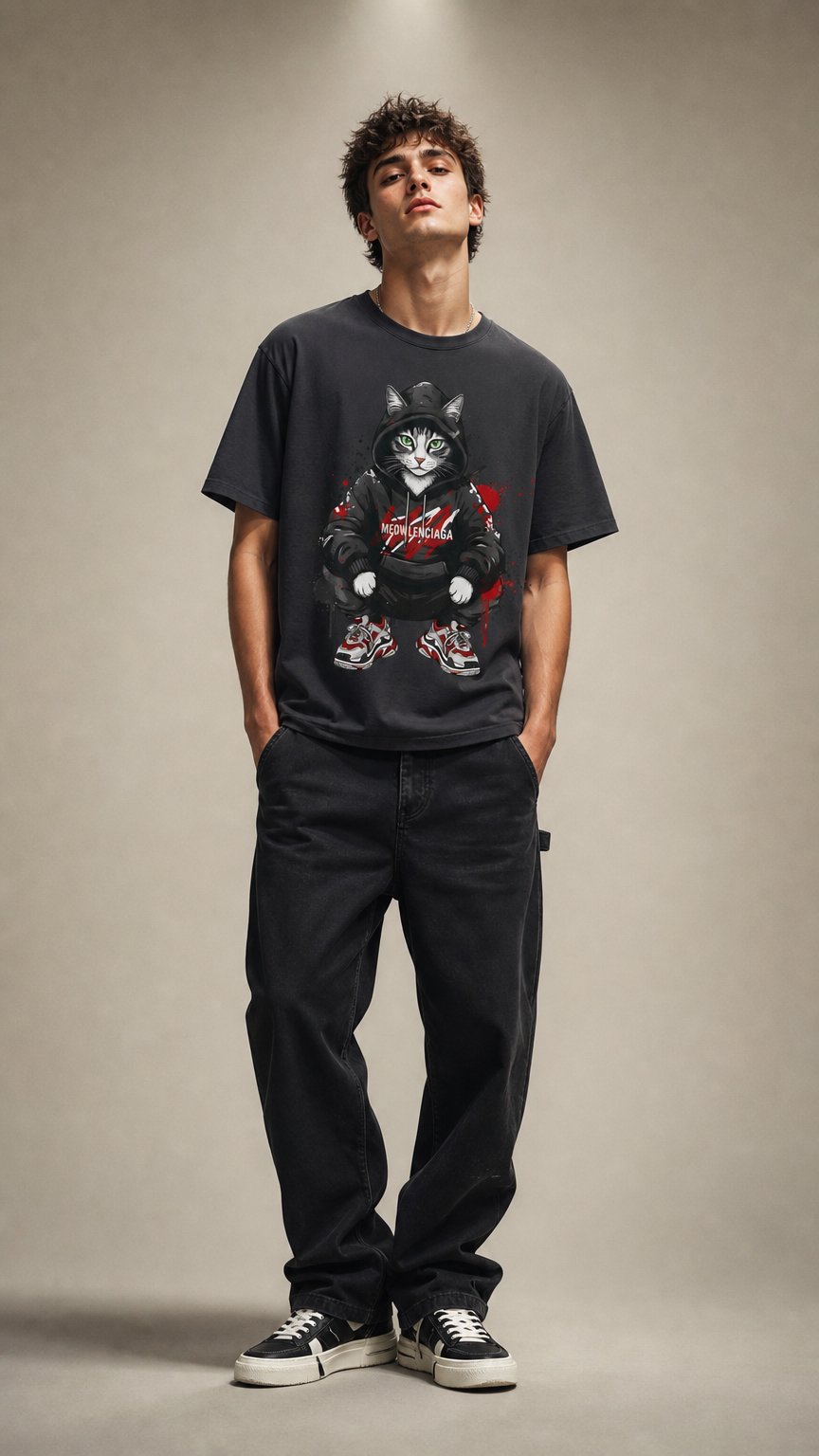 AI product shot of Meowlenciaga Cat Graphic T-Shirt | Streetwear Hoodie Cat Illustration