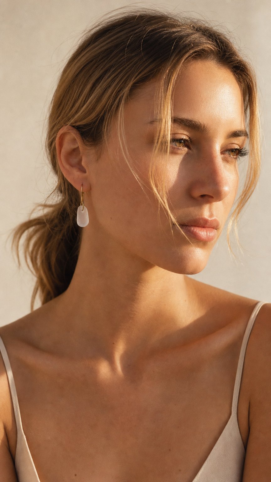AI product shot of Glacier White Sea Glass Gold Pendant Earrings