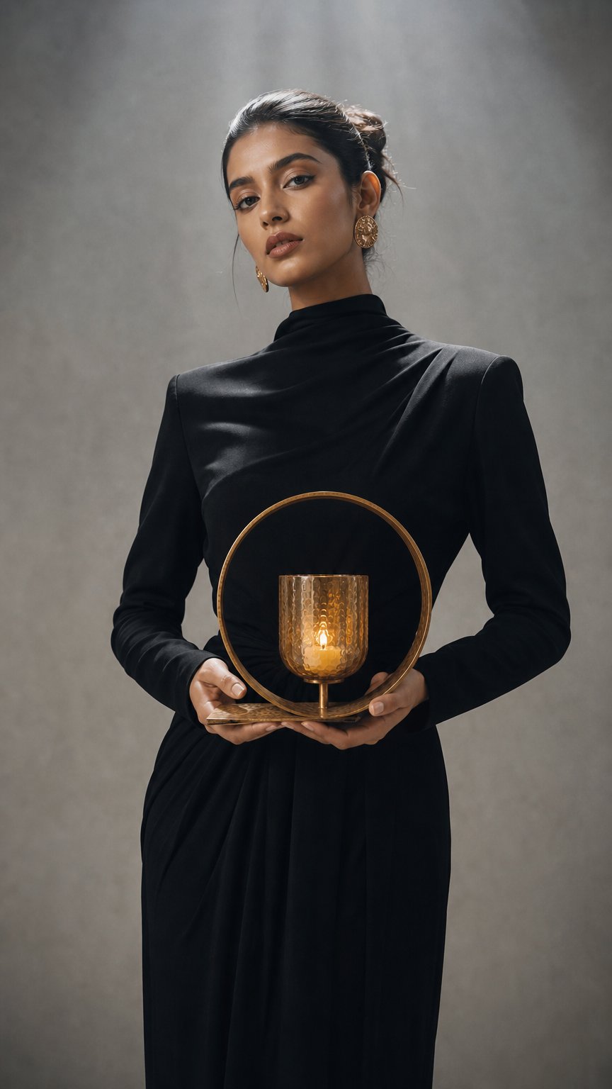 AI product shot of Sculptural Brass Votive Holder with Amber Cup