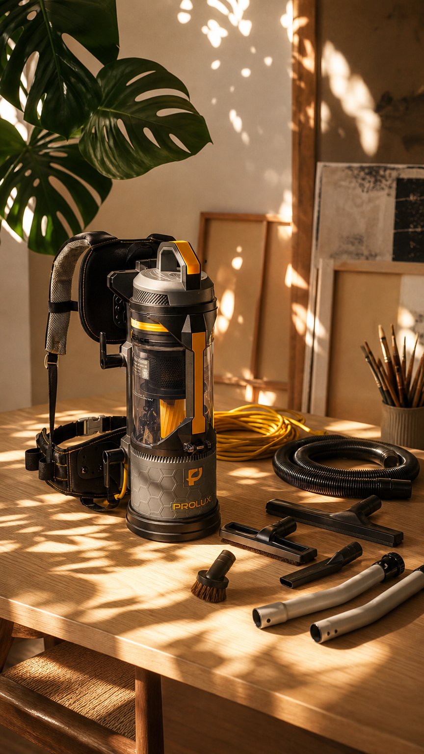 AI product shot of Prolux XForce Pro Commercial Backpack Vacuum w. 1.5 inch Attachment Kit