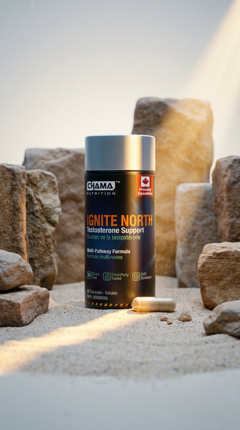 AI product shot of Ignite North Testosterone Support for Men 30+ | 600mg Tribulus, 300mg Tongkat Ali, DIM & Maca | Multi-Pathway Energy, Focus & Stamina Supplement | 90 Capsules | Made in Canada
