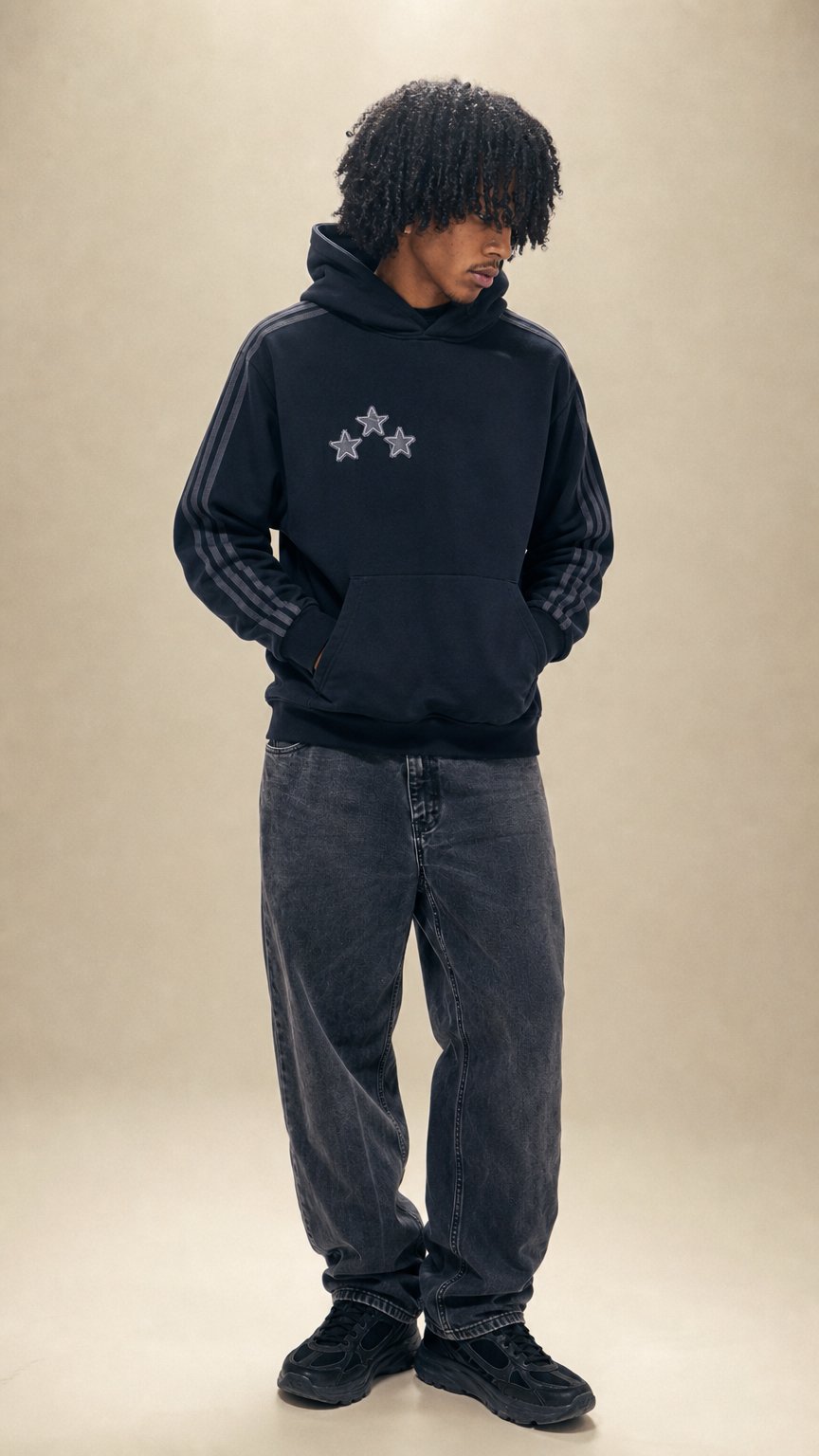 AI product shot of 3 stars black hoodie