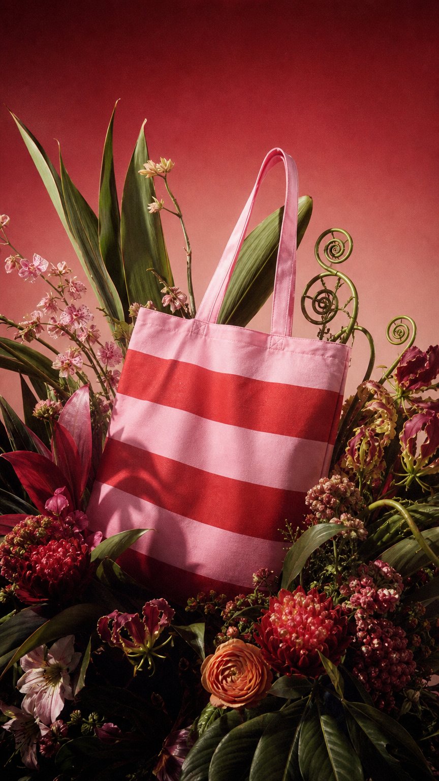 AI product shot of 10x katoenen strandtas Pink Stripes