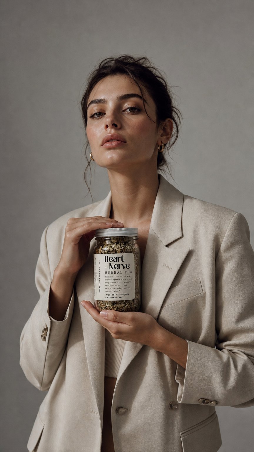 AI product shot of Heart + Nerve - Herbal Organic Loose Leaf Tea