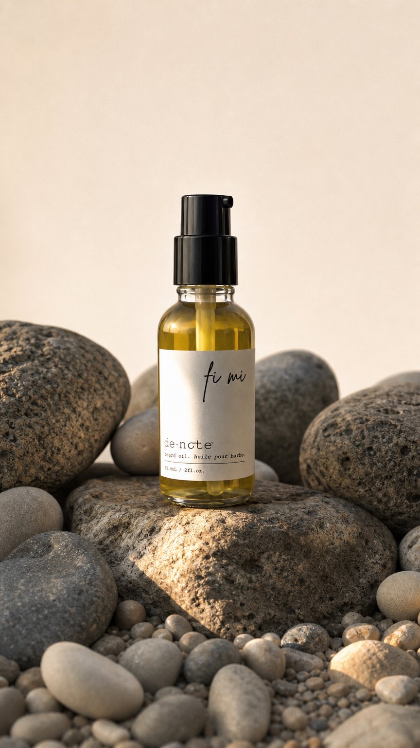 AI product shot of Fi Mi Revitalising Beard Oil with evening primrose - DENOTE BEAUTY