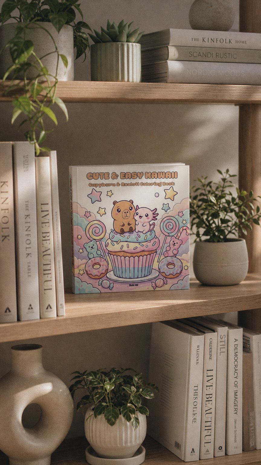 AI product shot of Cute & Easy KAWAII: Capybara & Axolotl Coloring Book (Cozy Capybara & Axolotl Adventures)
