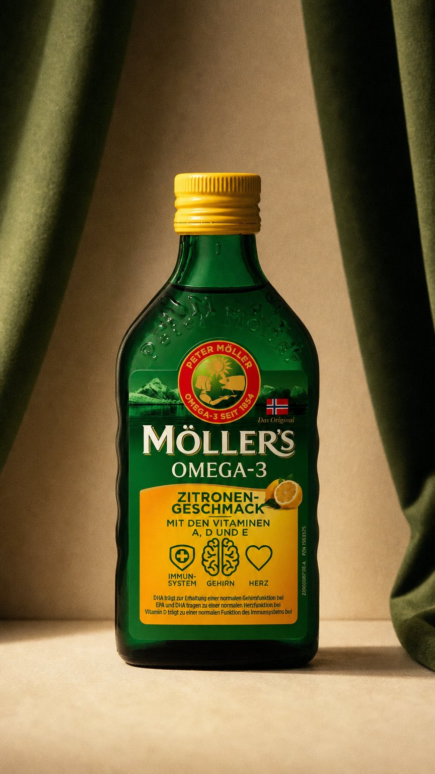 AI product shot of Möller’s Omega-3 Zitrone – Wertvolle Nährstoffe