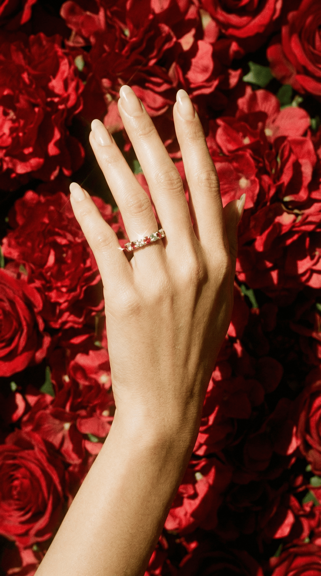 AI product shot of Bague Éternité Argent 925 Rhodié Corindon Rouge Oxydes de Zirconium