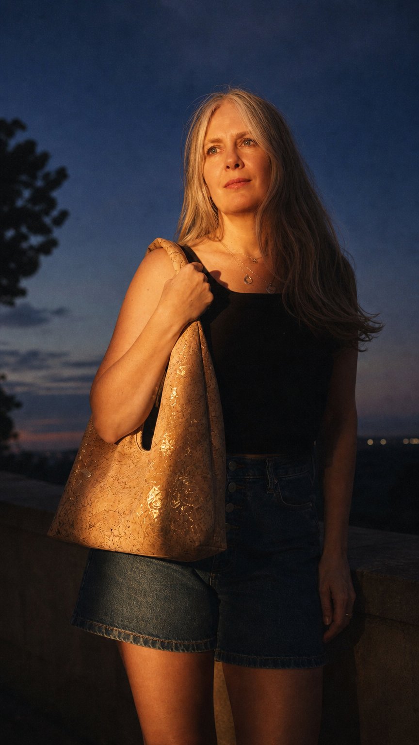 AI product shot of Slouchy Zipper Shoulder Bag in Premium Natural Gold Fleck Cork