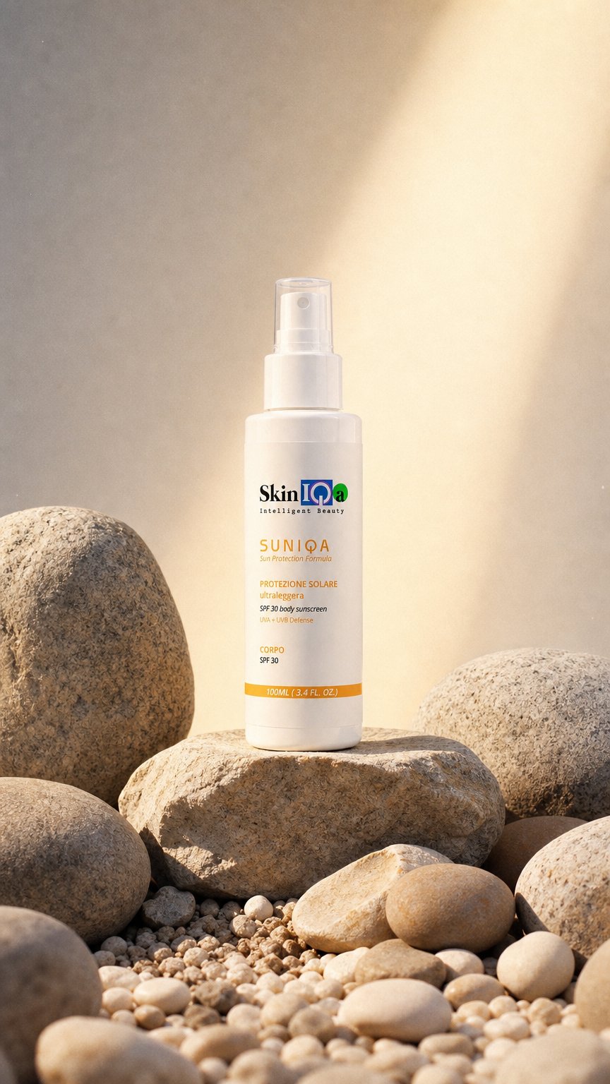 AI product shot of SUNIQA Protezione solare SPF 30 ultraleggera