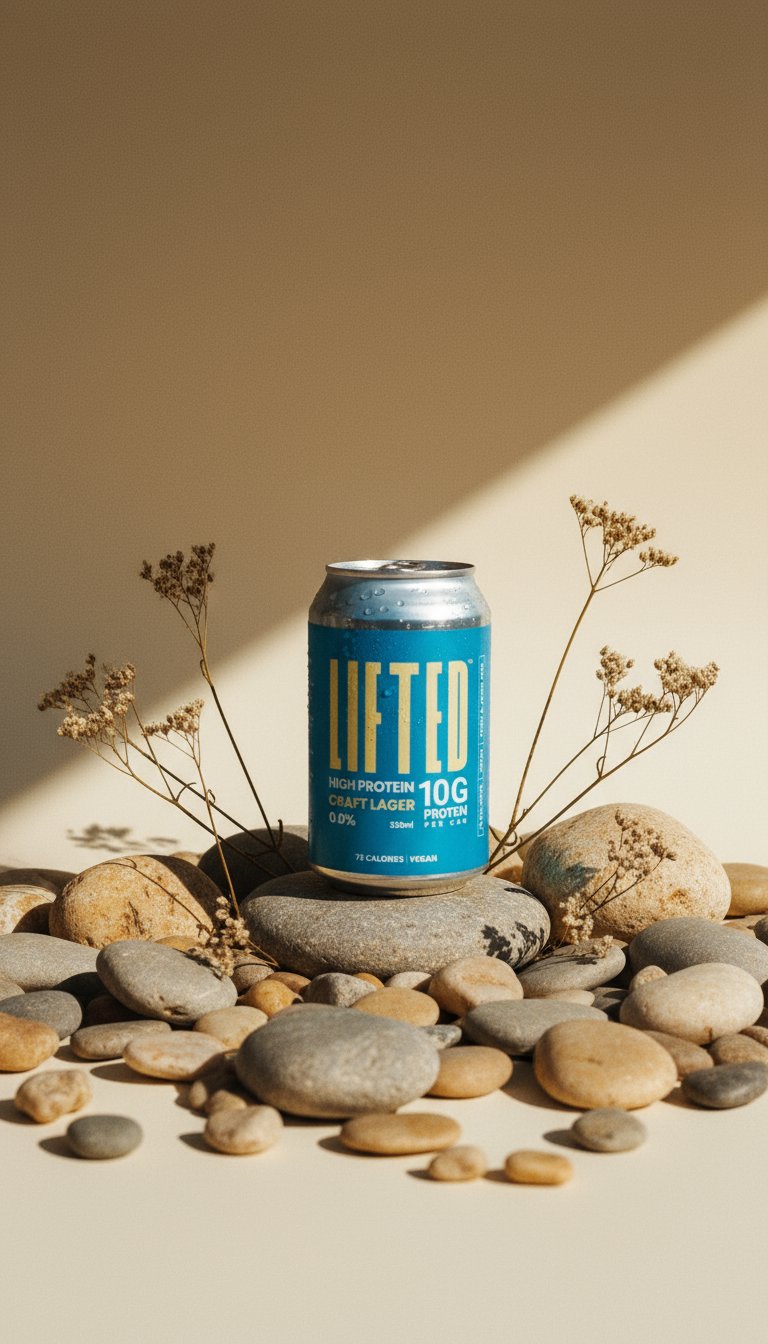 AI product shot of Lifted - Beer for Athletes. 0.0% Alcohol. 10g Protein - 12 pack x 330ml