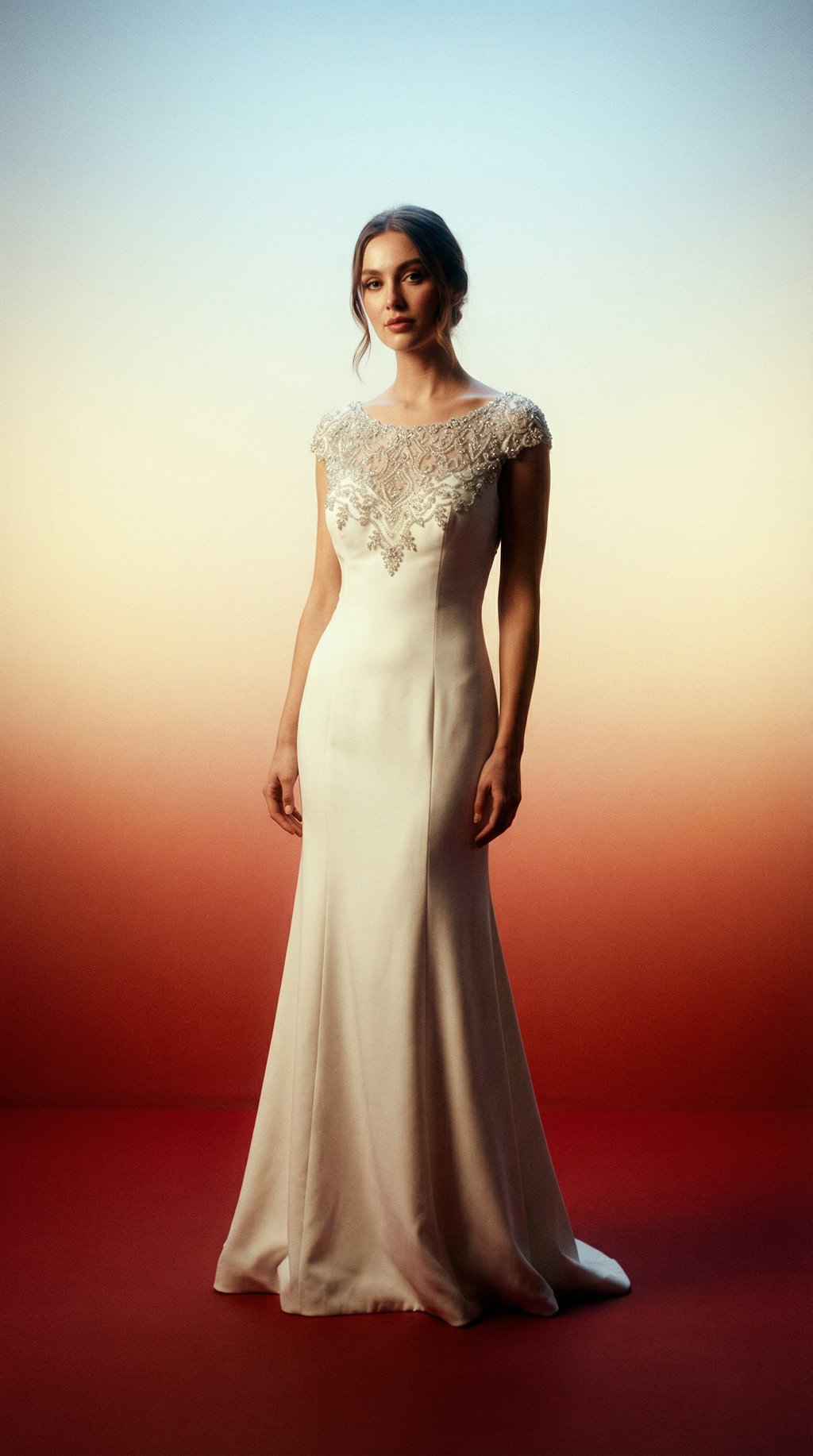 AI product shot of Sottero & Midgely Couture 8SC662 crepe and crystal wedding dress