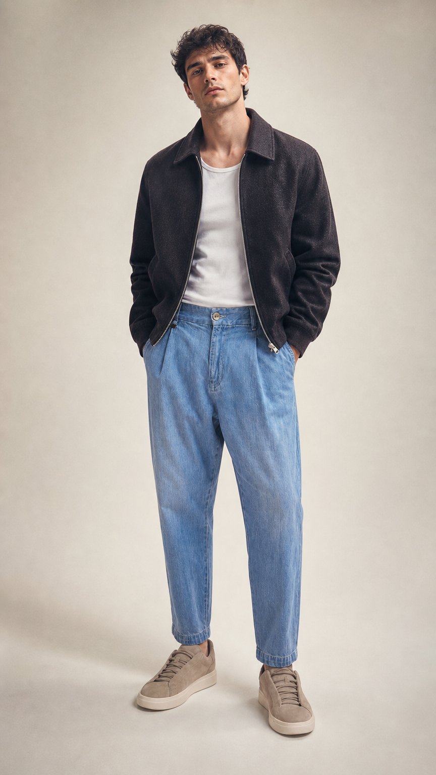 AI product shot of Vilnius 2335 Light Blue Pleated Jeans - Men's Denim, Relaxed Fit