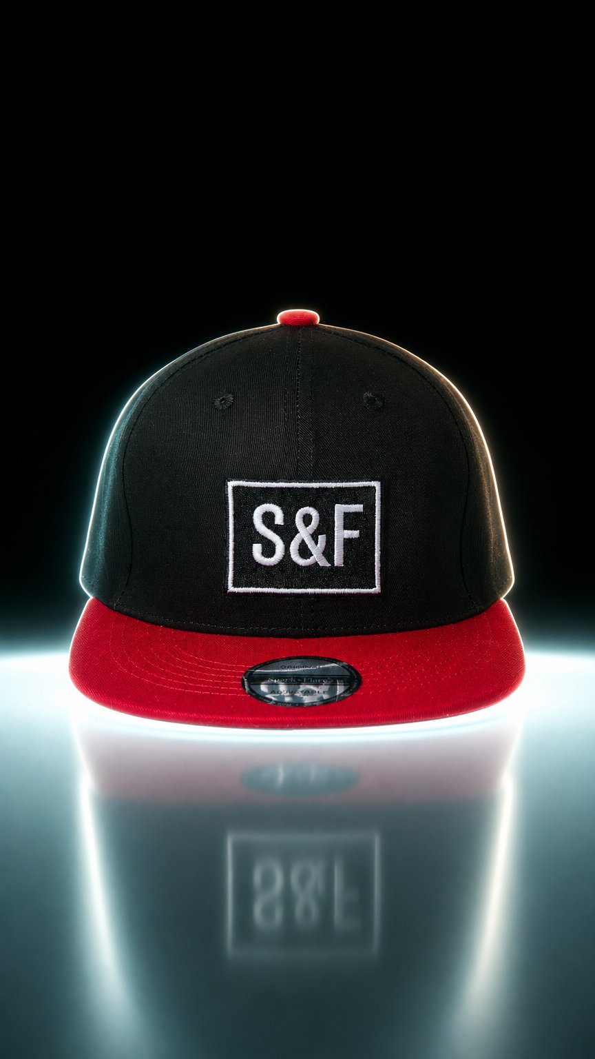 AI product shot of Spark & Flare S&F - Flat Brim Adjustable Snapback Baseball Cap - Black x Red