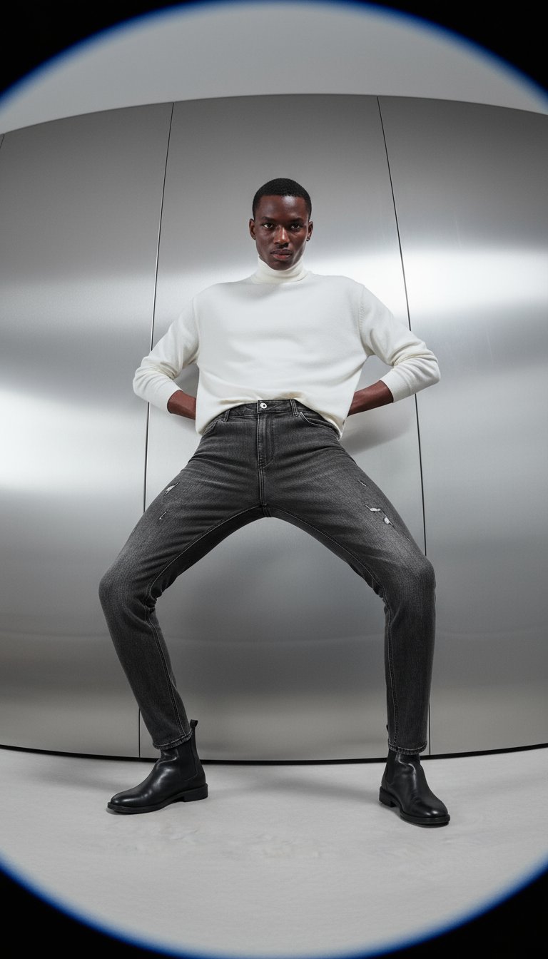 AI product shot of Distressed Denim Jeans in Grey Wash