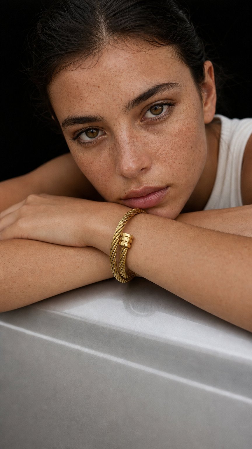 AI product shot of 18K Goldplattierte Edelstahlarmband im Minimalistischen Luxuriöses Offenen Design