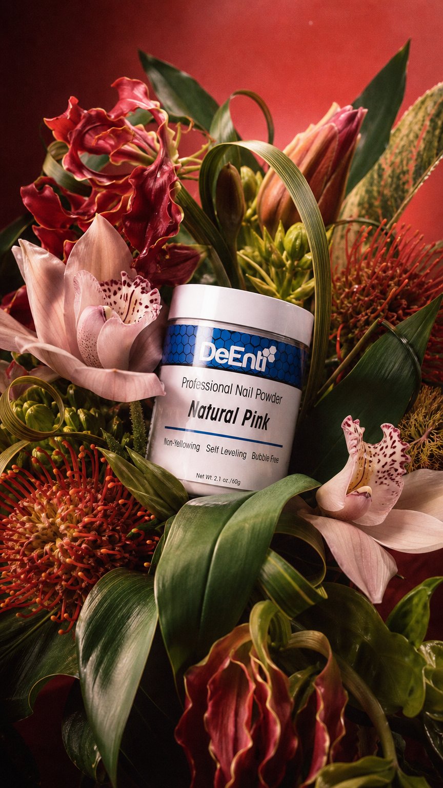 AI product shot of DeEnti Acrylic Nail Powder, Professional Grade Bubble-Free Formula, 2.1 oz (60g), Long-Lasting Nail Enhancements – Natural Pink